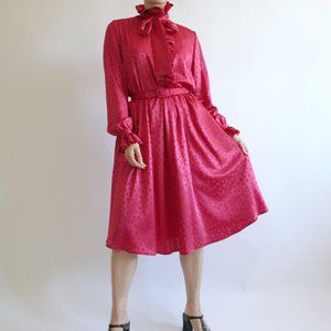 70s high ruffle neck & sleeve raspberry pink satin midi lolita dress w/ belt